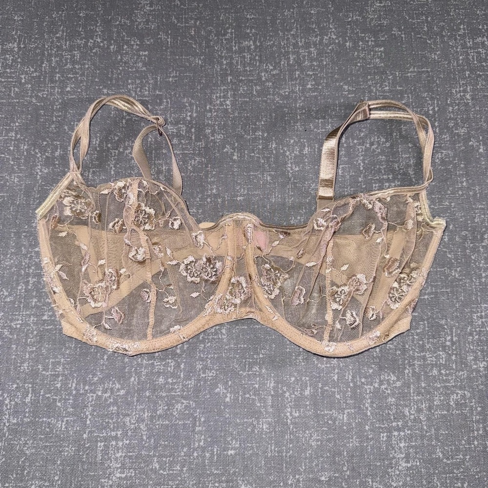 Victorias Secret Bra Womens 32B Beige Lace Floral Balconette Unlined Sheer